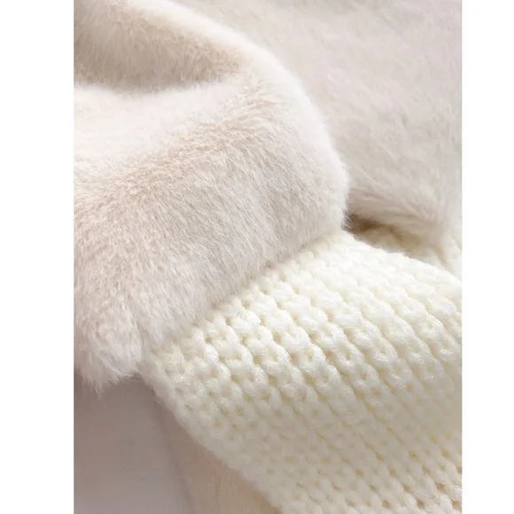 Beige / Cream Fuzzy Cable Knit Scarf Stretchy and Soft - Picture 3 of 5